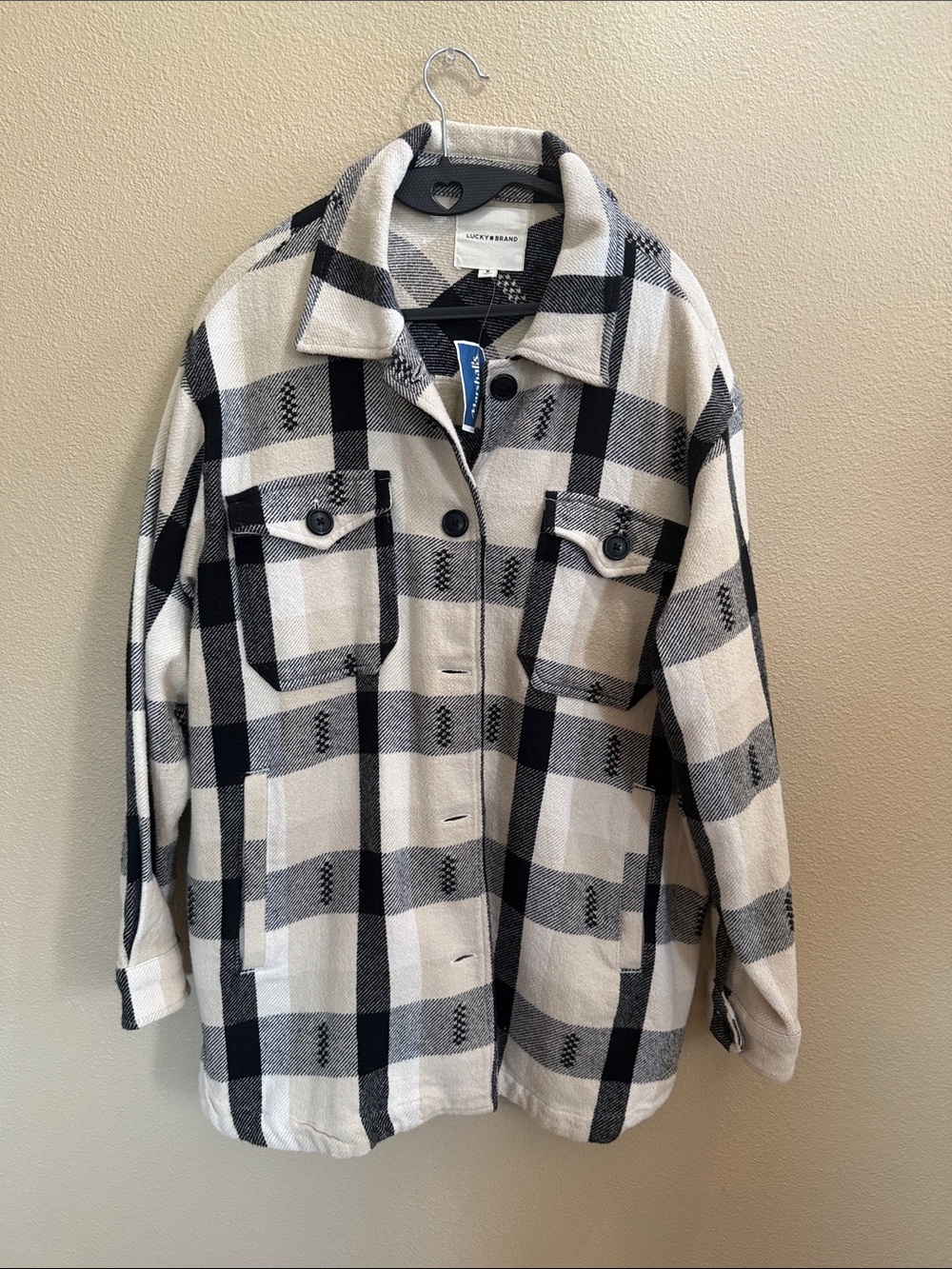 Lucky Brand Black & Cream Plaid Flannel Feel Shacket